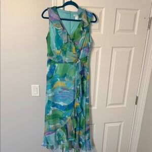 London Times Multi-Color Watercolor Midi Wrap Dress